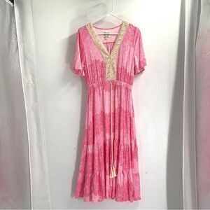 NWOT Monday Mi Amor Pink Floral Print LACE TrimTiered Gathered Waist Maxi Dress